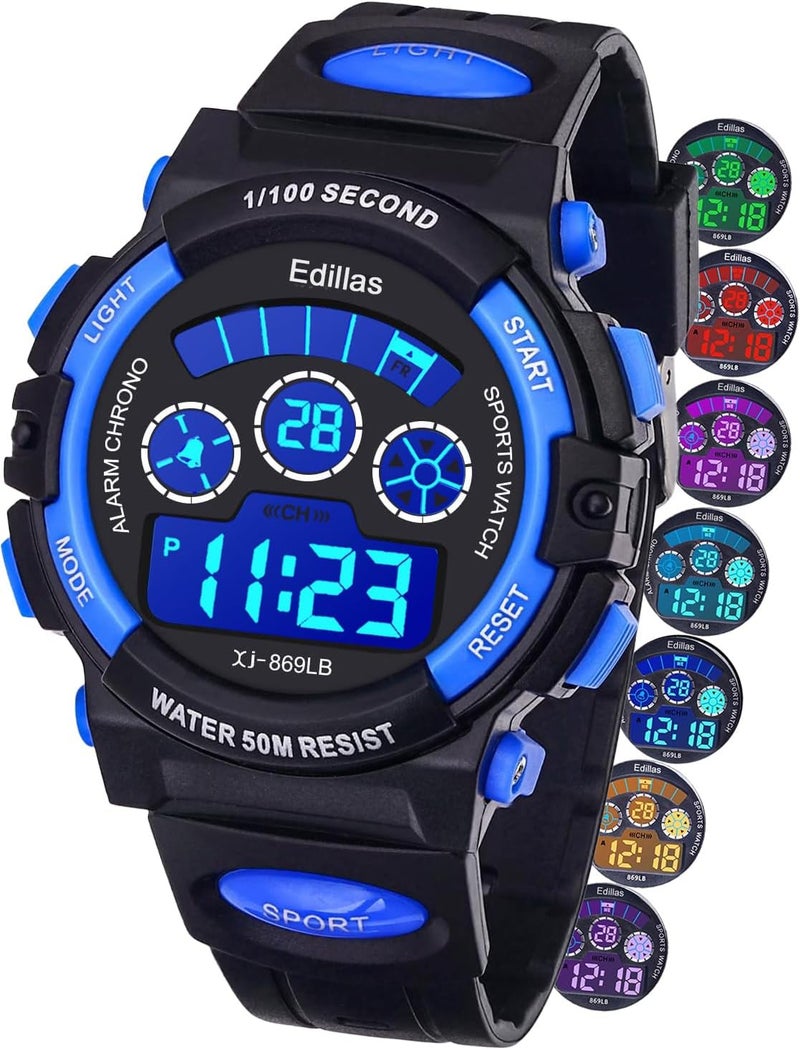 Edillas ساعات أطفال رقمية للأولاد، 7 ألوان مع أضواء LED، ساعات يد مقاومة للماء حتى 50 متر للأطفال والطلاب والمراهقين، متعددة الوظائف مع مؤقت/منبه للأعمار من 7 إلى 15 سنة - Image 1